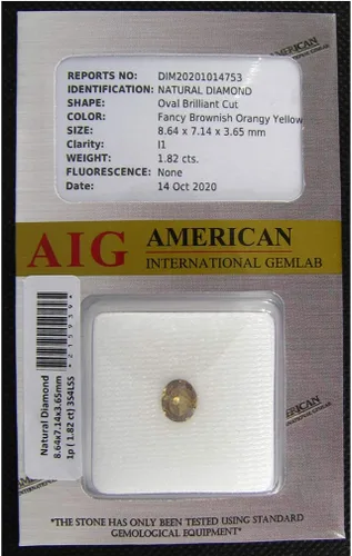 Vista 2 de 1.82 ct Corte ovalado certificado AIG (0.354 x 0.276 in) sin calentarsin tratar naranja amarillo diamante suelto, Gema, anaranjado, amarillo