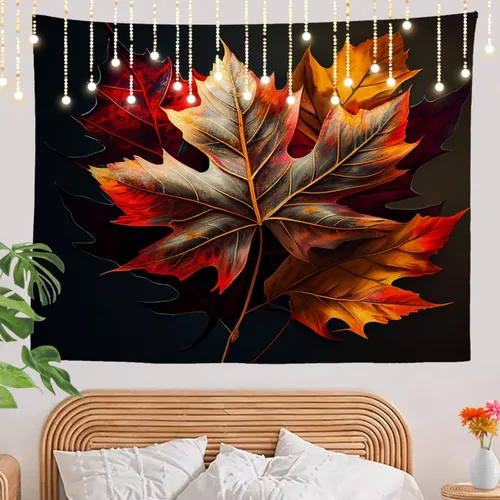 Vista 2 de Shrahala Tapiz de pared de hojas de arce otoñal, hojas rojas llameantes, fondo negro, tapiz grande para colgar en la pared, tapiz decorativo