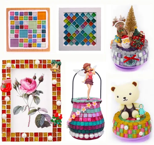 Vista 2 de Azulejos de vidrio de mosaico de colores mixtos, piezas de cristal brillantes, azulejos de mosaico de cristal cuadrados con purpurina a granel