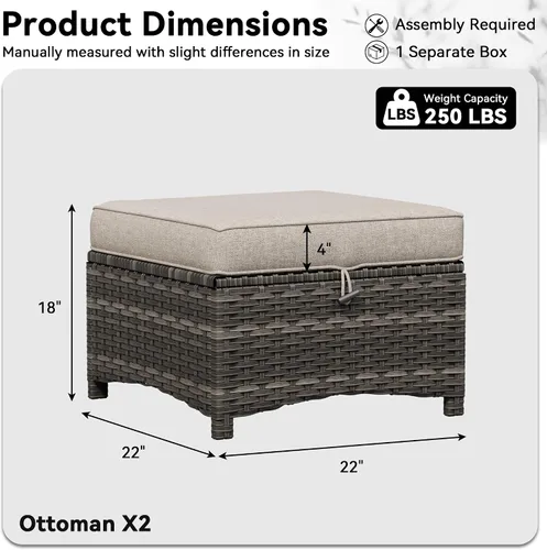 Vista 3 de Juego de 2 otomanas para patio, 22 x 22 x 18 pulgadas, reposapiés de mimbre para exteriores con cojín, beige, para jardín, patio trasero, cubierta