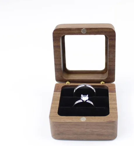 Vista 2 de Caja de anillos de madera cuadrada rústica con tapa transparente, para parejas, caja de compromiso, boda, dos ranuras, terciopelo negro