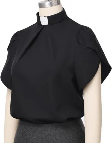 Vista 8 de Camisa de clero de iglesia para mujer, cuello con pestaña frontal, plisada, manga pétalo