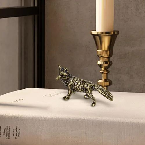 Vista 7 de Mini figura de zorro de latón pequeño, figura de zorro dorado de latón macizo para estante de escritorio, decoración del hogar, escultura pesada