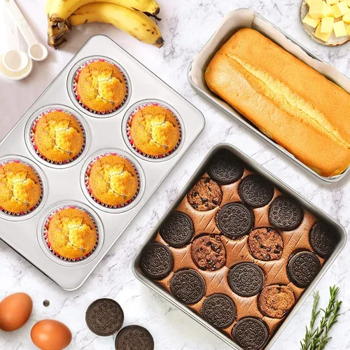 Vista 4 de E-far Juego de 9 moldes para hornear de acero inoxidable, juego de 9 piezas para panecillos de galletas, incluye bandeja redonda y cuadrada