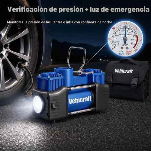 Vista 4 de Inflador de neumáticos de 12 V, bomba de aire de doble cilindro de 150 PSI para automóvil, SUV, RV Azul