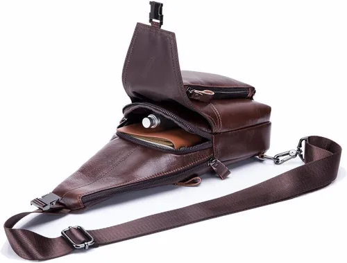 Vista 3 de Bolso de pecho de cuero genuino para hombre, bolso cruzado de hombro, bandolera, mochila de mensajero, mochila para negocios, casual