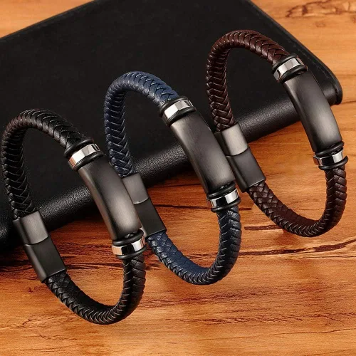 Vista 4 de TTNDstore 28972 - Pulseras de cuero para hombre pulseras tejidas para cumpleaños abalorios de cumpleaños joyería grabada
