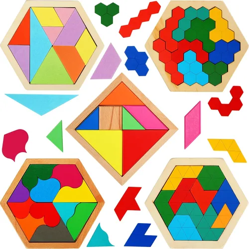 Vista 7 de Paquete de 5 rompecabezas de madera Tangram para niños, rompecabezas hexagonal de madera, bloques de rompecabezas con formas geométricas