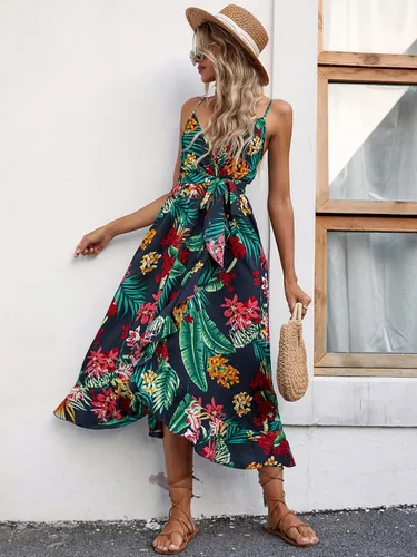 Vista 5 de WDIRARA Vestido de tirantes con cinturón sin mangas y cuello en V y estampado tropical para mujer