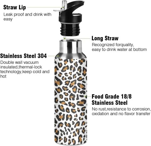 Vista 3 de Botella de agua de acero inoxidable aislada con estampado de leopardo, con popote, 20 onzas, a prueba de fugas, botella de agua deportiva sin BPA