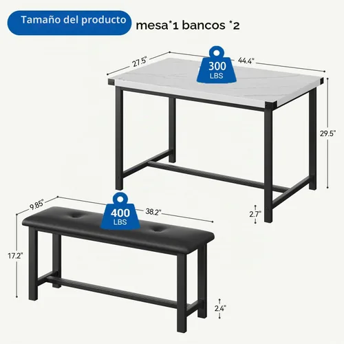 Vista 7 de GarveeHome Juego de mesa de comedor para 4, mesa de cocina con 2 bancos tapizados, juego de comedor de cocina de madera, para espacios pequeños