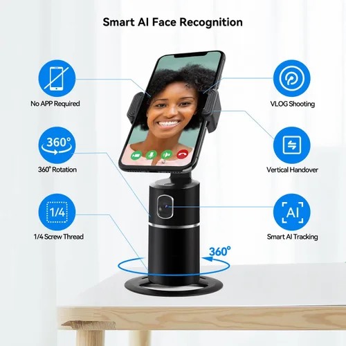 Vista 2 de Trípode de seguimiento facial automático, rotación de 360°, soporte de teléfono para cámara de teléfono, no requiere aplicación, batería recargable
