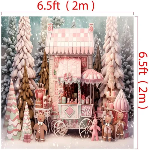 Vista 2 de Kate Telón de fondo de Navidad rosa nevado de 6.5 x 6.5 pies para carro de tienda de árbol de Navidad, hombre de jengibre, fondo de tela impresa