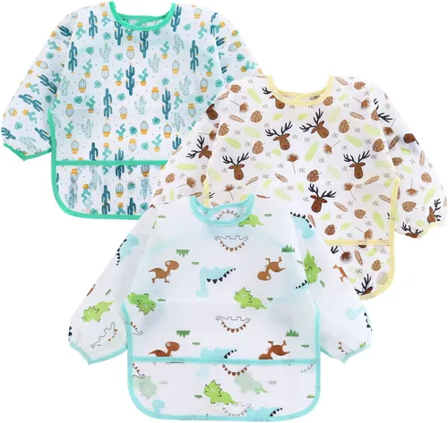 Vista 7 de PandaEar Paquete de 3 baberos de manga larga Babero impermeable de manga completa para bebés de 6 a 36 meses