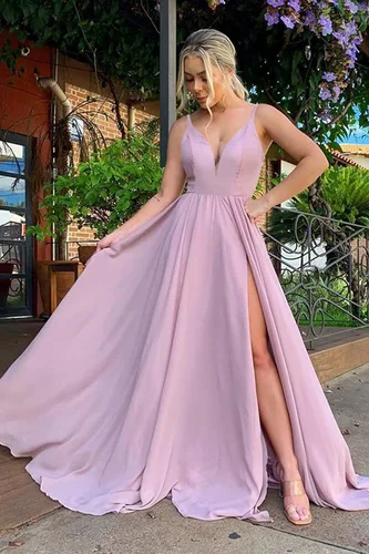 Vista 3 de Vestido largo de gasa con cuello en V para mujer, vestido formal de dama de honor, con bolsillos