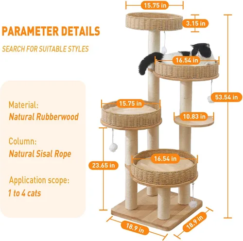 Vista 6 de Árbol moderno para gatos de interior para adultos, torre grande para gatos de 54 pulgadas de alto con poste rascador, árbol de madera para gatos