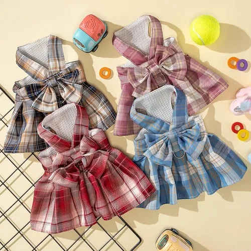 Vista 4 de Potchen Juego de 4 piezas de bonito vestido a cuadros para perro con arnés de lazo y correa para perros pequeños, ropa de cachorro para niñas