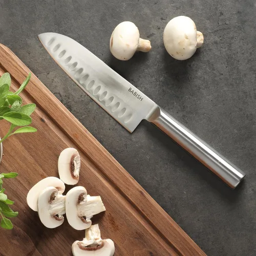 Vista 5 de Babish - Cuchillo Santoku de 6.5 pulgadas - Cuchillo de cocina alemán de acero de alto carbono 1.4116, hoja de espiga completa y afilada como una