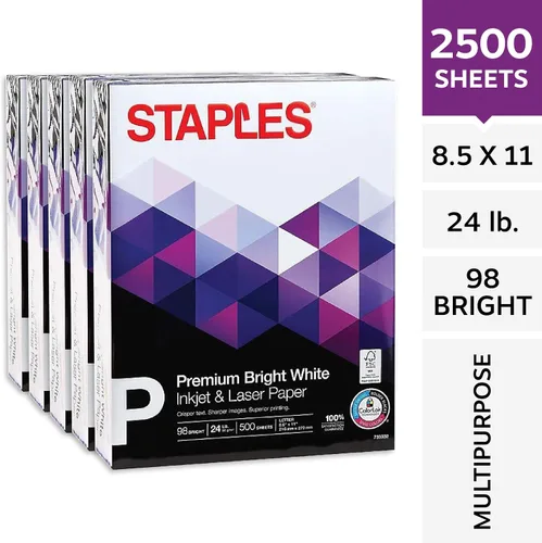 Vista 2 de Papel para Inyección de Tinta Staples – 8.5" x 11" Multiusos, 24 lbs, 98Bright, 5 Resmas/Cartón