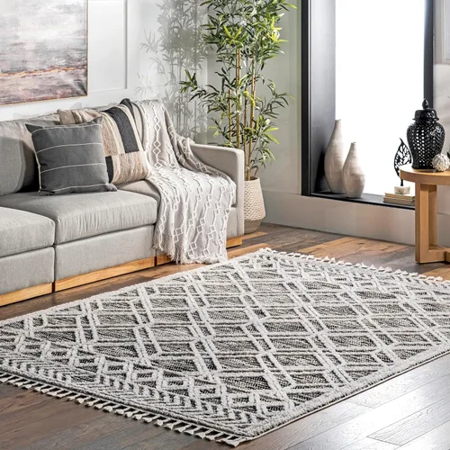 Vista 12 de nuLOOM Alfombra de Área Ansley Marroquí con Borlas de 2 x 6 pies, Gris, diseño bohemio con textura alta-baja, pelo alto de felpa, resistente a