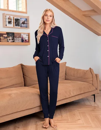Vista 2 de Ekouaer Conjunto de pijama de manga larga para mujer, ropa de dormir con botones y bolsillos