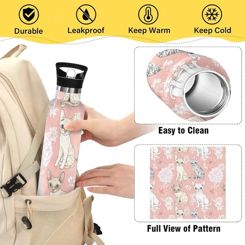 Vista 4 de Botella de agua aislada con popote Kawaii Devon Rex Cats Blush doble pared aislada al vacío ligera para deportes, gimnasio, viajes al aire libre