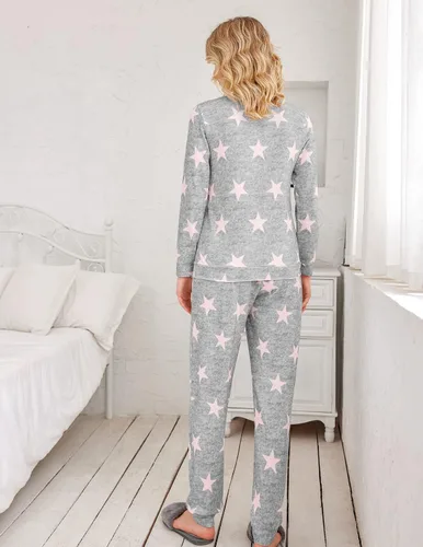 Vista 4 de Ekouaer - Conjunto de pijama para mujer, de manga larga, con estampado de estrellas, ropa de dormir suave con bolsillos