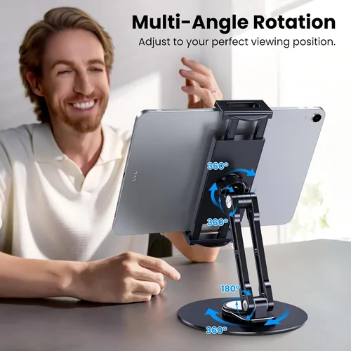Vista 2 de Soporte para tableta para iPad, ajustable con base giratoria de 360 grados para escritorio, soporte giratorio de aluminio para tableta compatible
