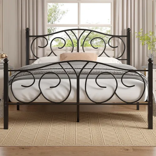 Vista 14 de VECELO - Marco de cama con dosel doble, cabecera vintage con voluta, color negro mate Twin canopy bed frame, Scrollwork metal headboard, Sturdy