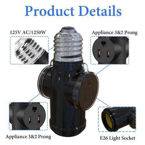 Vista 3 de 2 piezas Luntak Adaptador de enchufe de luz de 3 clavijas, enchufe de luz E26 para exterior, convertidor divisor de enchufe de bombilla de luz a 2/3