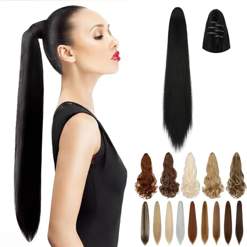 Vista 11 de Extensión de cola de caballo de 18 pulgadas, 20 pulgadas, larga, rizada, ondulada, recta, con clip, de aspecto natural, extensión de cabello