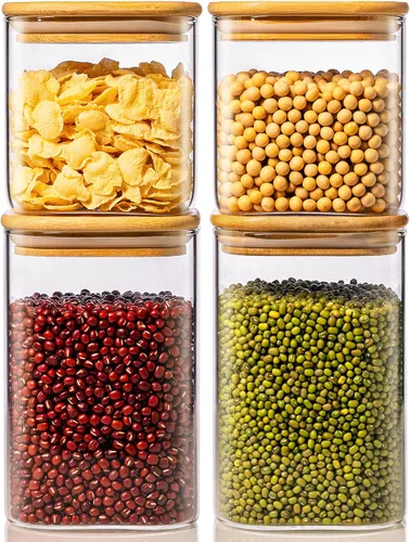 Vista 9 de Paquete de 4 tarros cuadrados de vidrio de 21 onzas con tapas de bambú, recipientes de almacenamiento de alimentos de vidrio con tapas herméticas