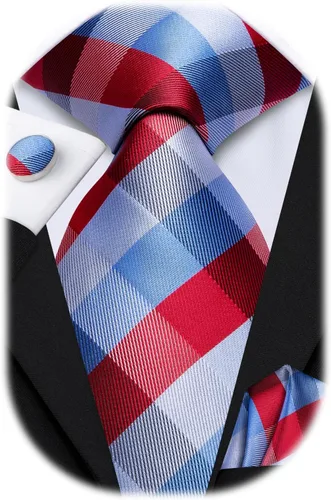 Vista 260 de Hi-Tie Corbata clásica de cachemira para hombre con pañuelo y gemelos a cuadros