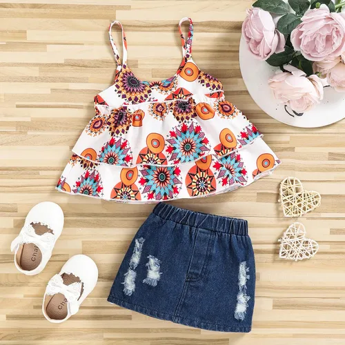 Vista 2 de Omkzanbi 2 piezas de ropa para bebé niña, camisola con volantes, falda vaquera para niña, camiseta sin mangas, estilo bohemio, falda de mezclilla
