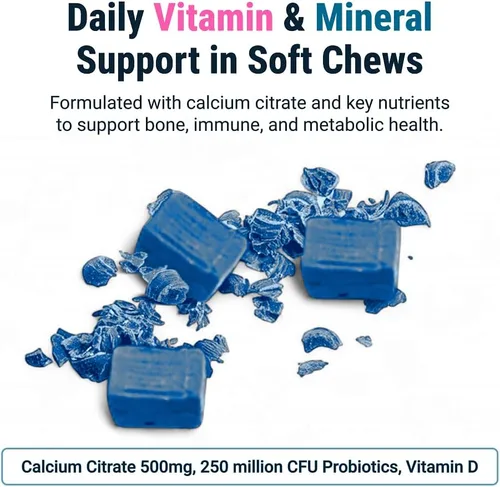 Vista 4 de BariatricPal Sugar-Free Calcium Citrate Soft Chews 500mg with Vitamin D & Probiotics Blue Raspberry 90 Count (1 Month Supply)