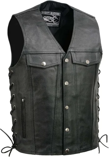 Vista 14 de EVENT LEATHER EL1310GO Hombres Clásico Estilo Occidental Botón de Presión Negro Chaleco de Cuero para Motociclistas