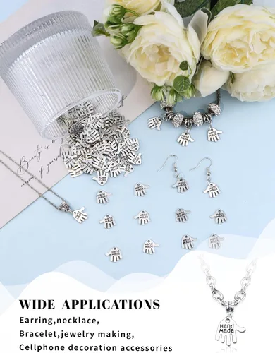 Vista 6 de JIALEEY 100 dijes en forma de mano hechos a mano, letreros tallados en tono plateado para hacer joyas de moda, hallazgos, manualidades, costura