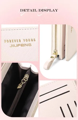 Vista 3 de JIUFENG Cartera con cremallera para mujer, con bloqueo RFID, multiusos, para monederos, tarjetero, monederos cortos Beige