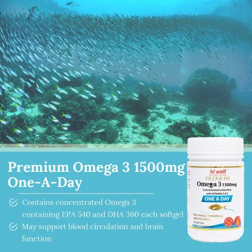 Vista 3 de Paquete de 2 cápsulas blandas Hi Well Premium Omega 3 1500mg One A Day 90 cápsulas blandas