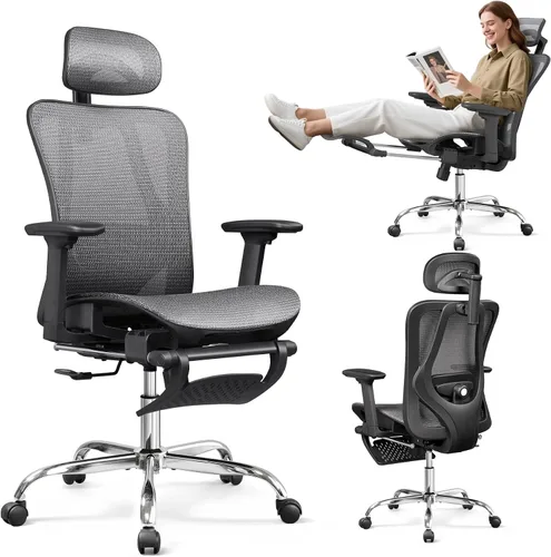 Vista 8 de DEVAISE Silla de escritorio ergonómica de malla para oficina, reposapiés retráctil y soporte lumbar ajustable, cómoda silla reclinable