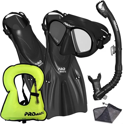 Vista 5 de Promate Juego de esnórquel, máscara de aletas de esnórquel y bolsa de equipo de snorkel seco para adultos y jóvenes, juego de esnórquel