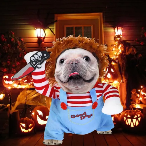Vista 7 de GOYOSWA Disfraz de Halloween para perro, muñeca mortal para perro, disfraz divertido para perro, ropa de disfraz de Halloween para perros pequeños
