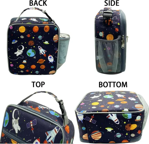 Vista 6 de Kulle - Lonchera para niños, bolsa de astronauta aislada para niños Leakproof Washable Liner,9"x3.5"x10", Front & Mesh Pockets,Reusable for