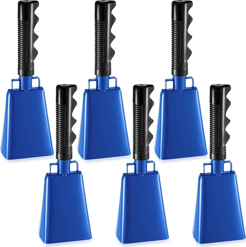 Vista 8 de Paquete de 3 campanas de vaca azules con asas, campana de animación para eventos deportivos, juegos de fútbol, escuela sólida grande, instrumentos