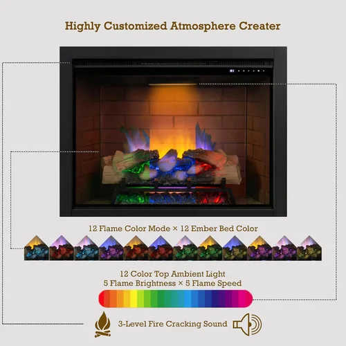 Vista 3 de Inserto de chimenea eléctrica con luz superior, opción de color de llama de 12 × 12 × 12 con sonido crepitante de fuego, 30 5/8 ″ W × 24 5/16 ″ H
