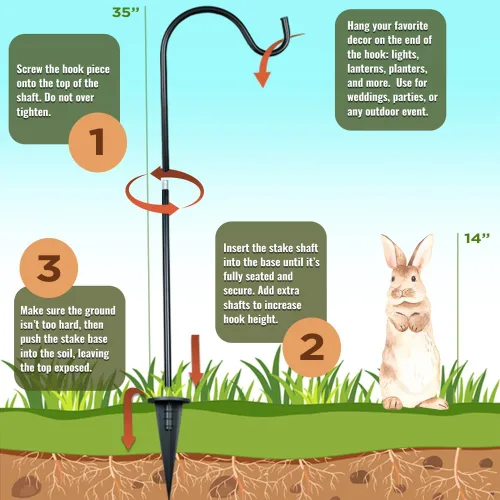 Vista 7 de Ganchos de pastor para exteriores, juego de 4 postes de jardín ajustables para comederos de pájaros, linternas solares, campanillas de viento Negro
