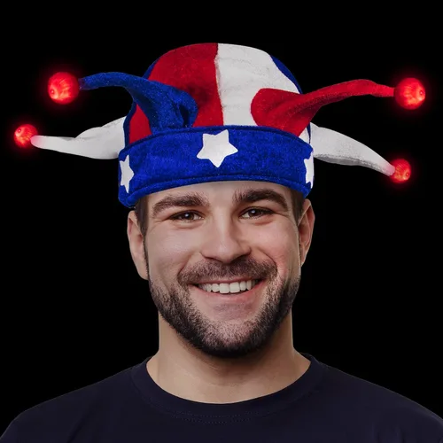 Vista 2 de Windy City Novelties Paquete de 2 sombreros de bufón iluminados de Estados Unidos, recuerdos de fiesta del 4 de julio, rojo, blanco y azul