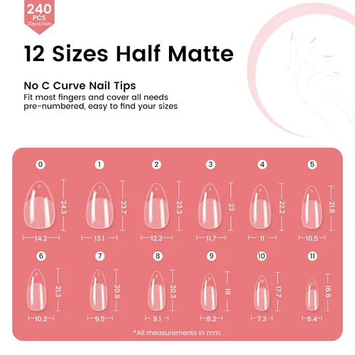 Vista 7 de Quaferen Puntas de Uñas de Almendra Medianas: 240pcs Puntas de Uñas Postizas Acrílicas Preformadas Forma de Almendra - 12 Tamaños Gel Suave