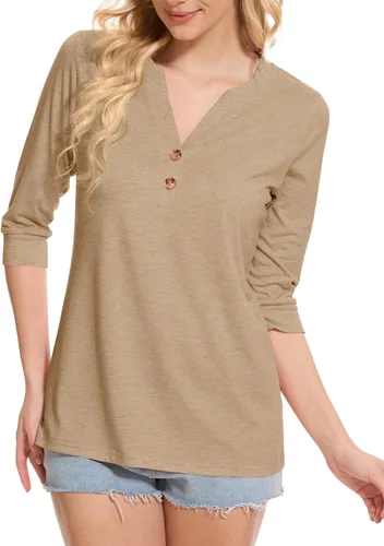 Vista 5 de Dimur Camisetas de manga 3/4 con cuello en V y botones para mujer, traje casual de negocios, camiseta básica de verano 2025