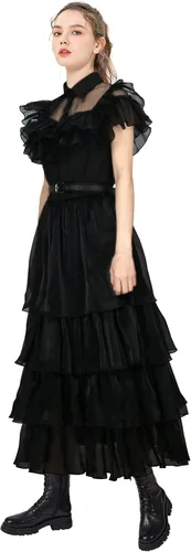 Vista 3 de Wednesday Addams - Vestido de baile de cuervo negro para mujeres y niñas, vestido gótico de tul de encaje, vestido de fiesta de Halloween